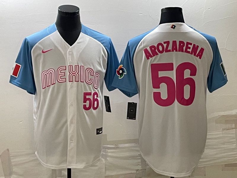 Men 2023 World Cub Mexico 56 Arozarena White blue Nike MLB Jersey13